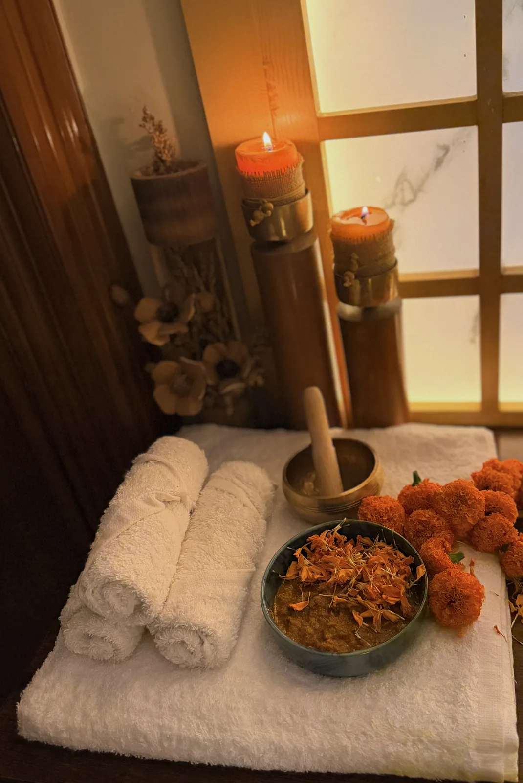Towels, marigolds and a freshly prepared ritual blend at Shizen